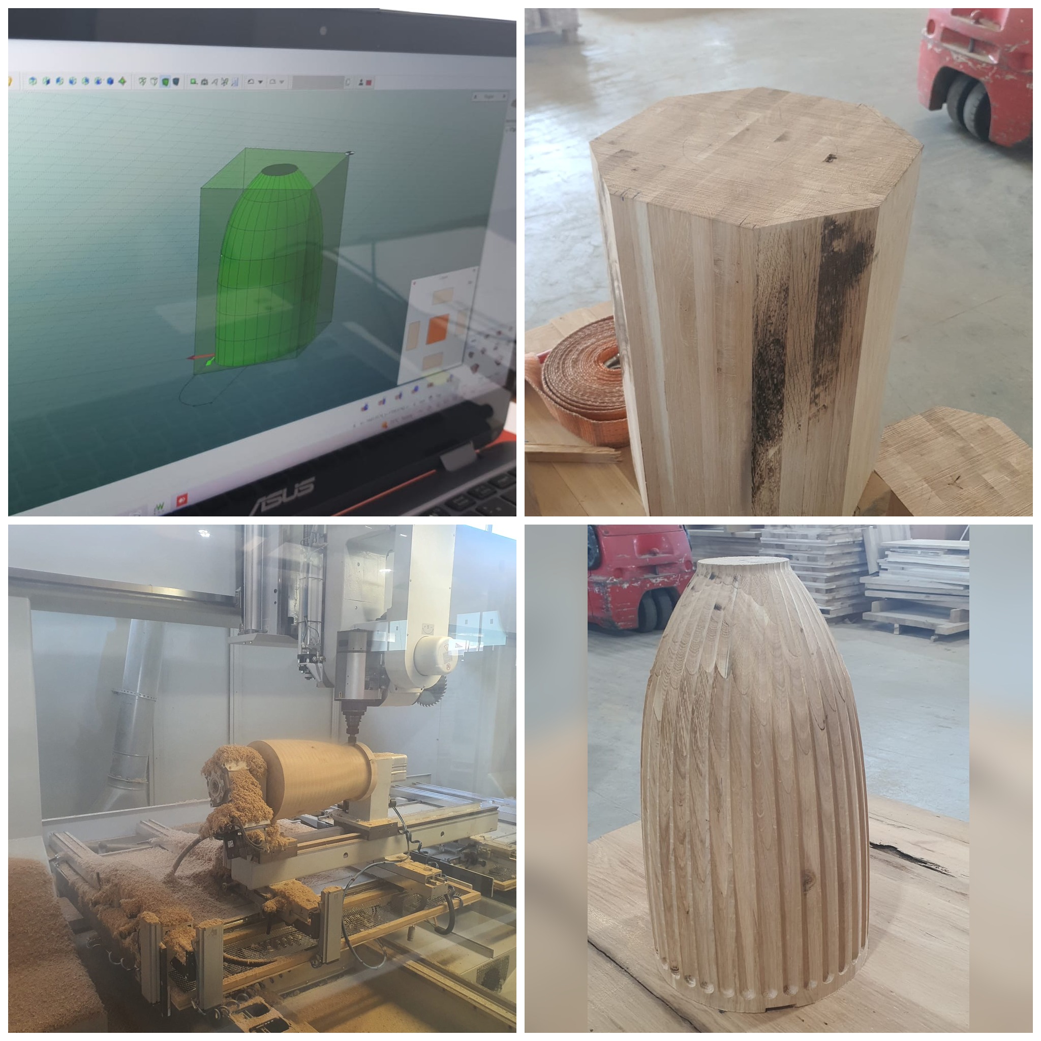 B2B custom 5-axis CNC machining and wood turning of solid oak fluted pedestals, from CAD design to finished product through European production network for US and Canadian hospitality projects