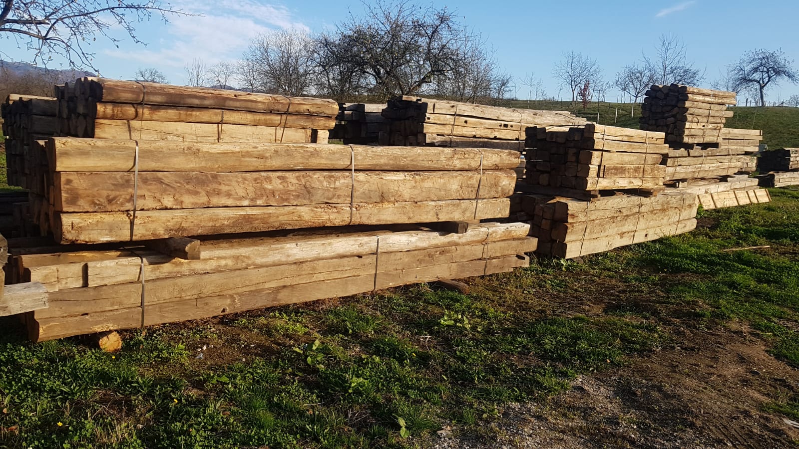 Large stack of reclaimed European oak beams, antique hand-hewn timber ready for export