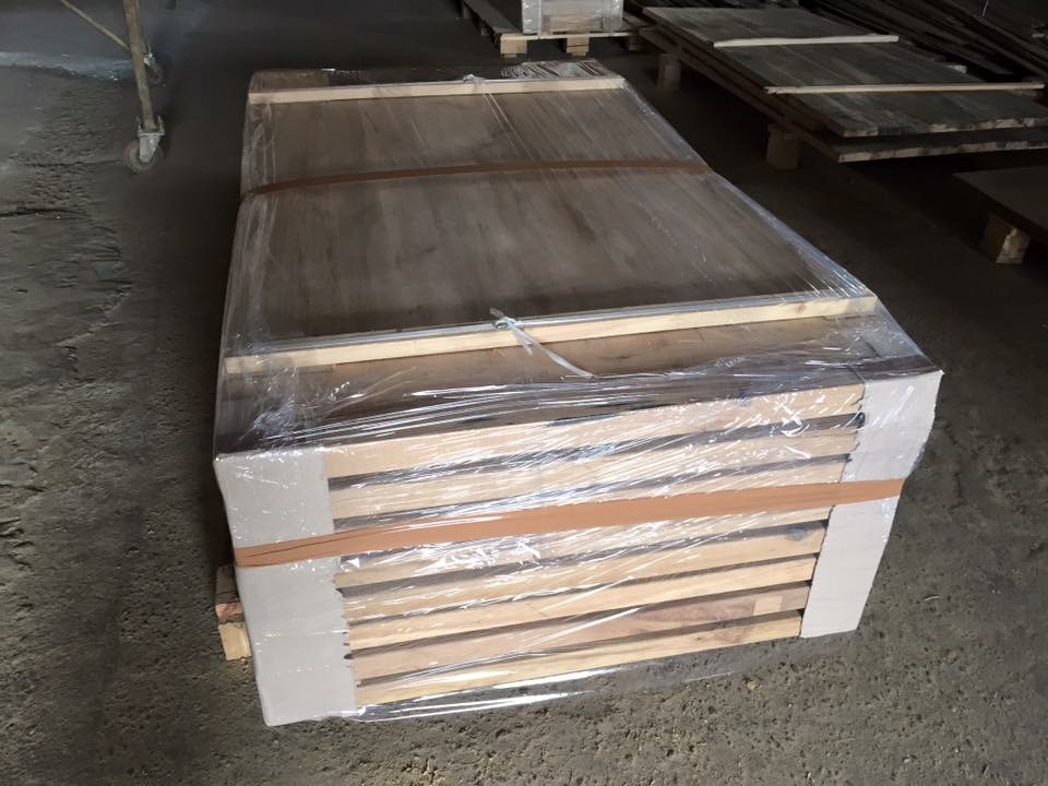 Reclaimed oak panels palletized and wrapped for export, solid oak antique boards