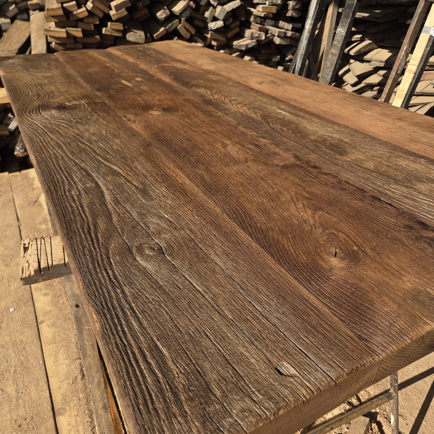 Finished reclaimed oak counter or table surface with warm aged finish