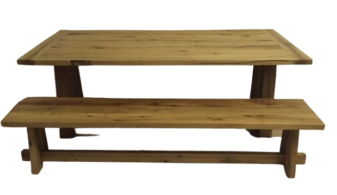 Reclaimed oak table and bench set for lodge style hospitality interior