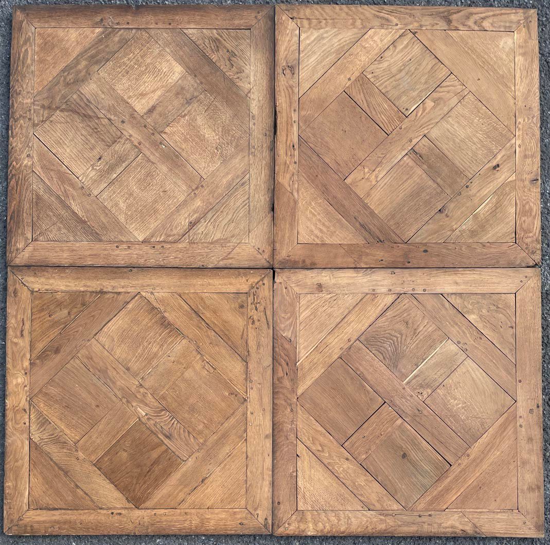Antique Versailles oak parquet panels, four tiles assembled, original patina